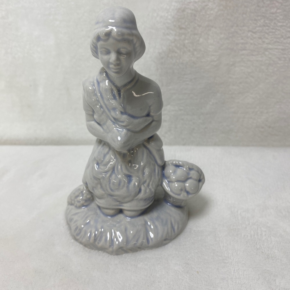 VTV '76 Holland Mold Ceramic Figurine Girl Kneeling Basket Fruit Blue Glaze